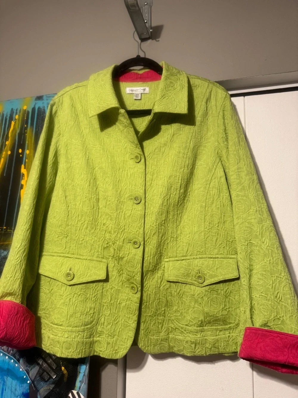 Coldwater Creek 18W Lime Green Jacquard Spring Jacket Pink Trim Preppy - Picture 3 of 9